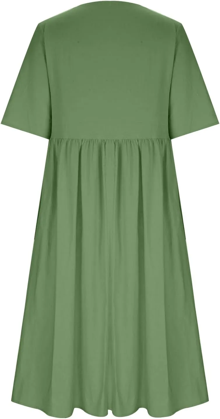 Women 2024 Casual Summer Dress Cotton Linen Maxi Long Dresses Short Sleeve Boho Dress Dressy Clothing with Pockets