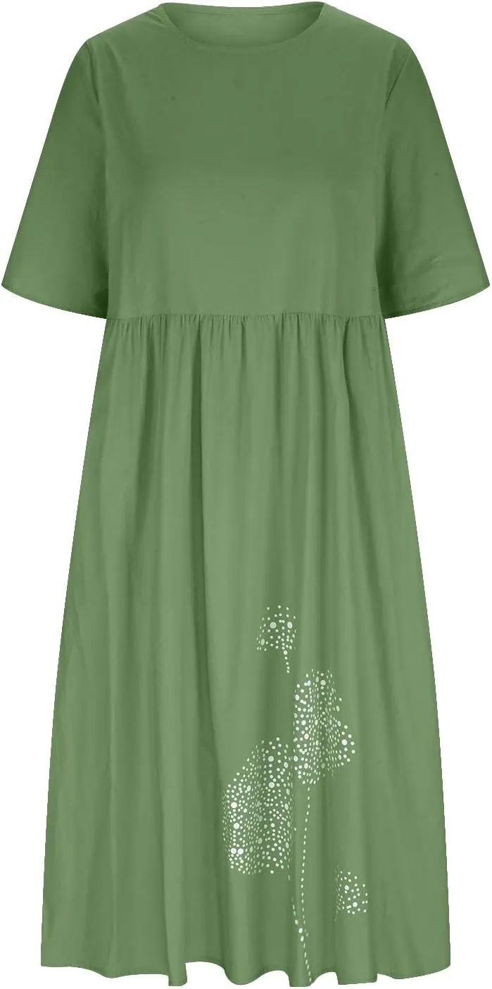 Women 2024 Casual Summer Dress Cotton Linen Maxi Long Dresses Short Sleeve Boho Dress Dressy Clothing with Pockets