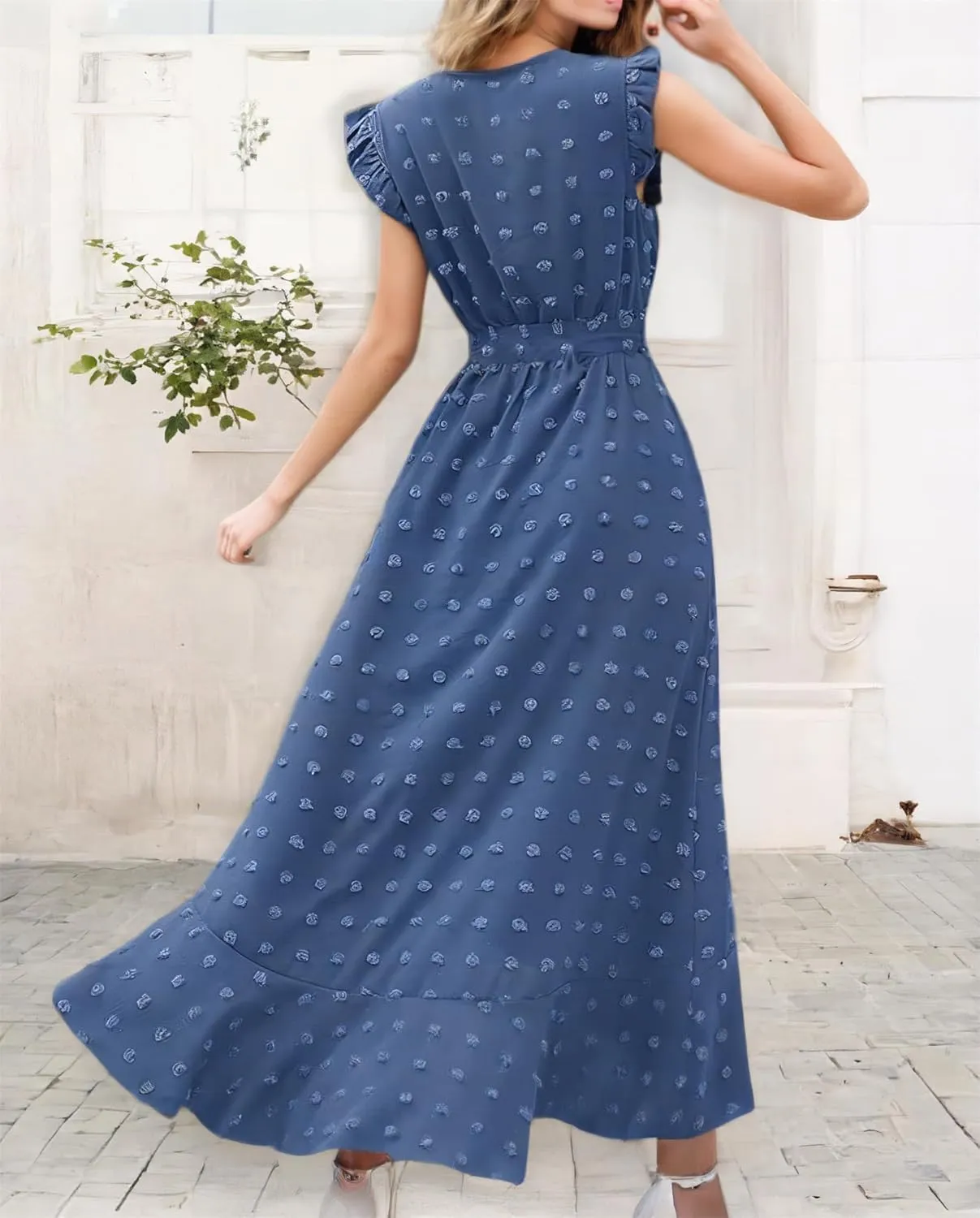 Women 2025 Summer Casual V Neck A-Line Dress Belted Swiss Dot Ruffle Sleeveless Beach Sun Dress