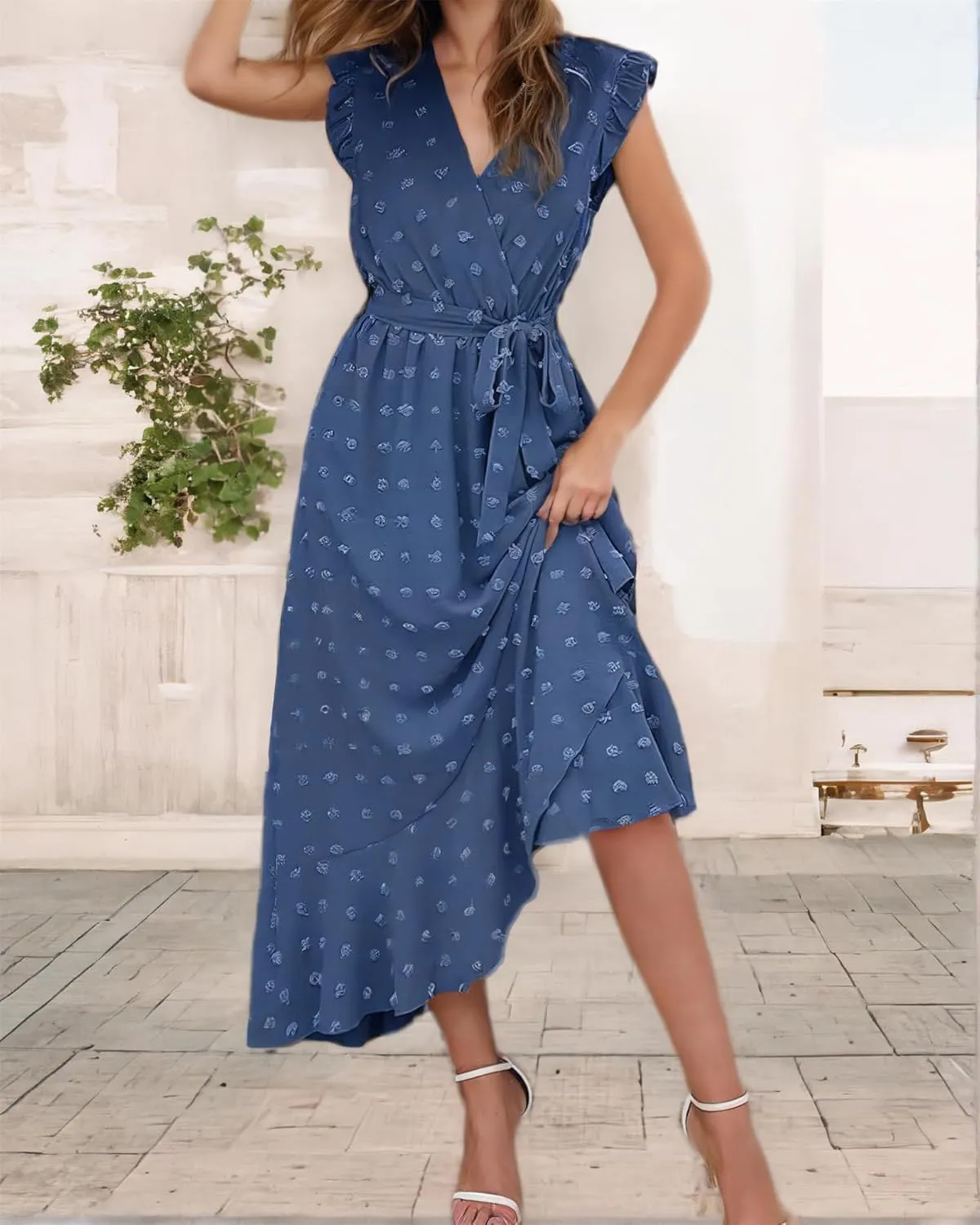 Women 2025 Summer Casual V Neck A-Line Dress Belted Swiss Dot Ruffle Sleeveless Beach Sun Dress