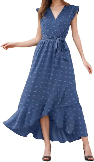 Women 2025 Summer Casual V Neck A-Line Dress Belted Swiss Dot Ruffle Sleeveless Beach Sun Dress