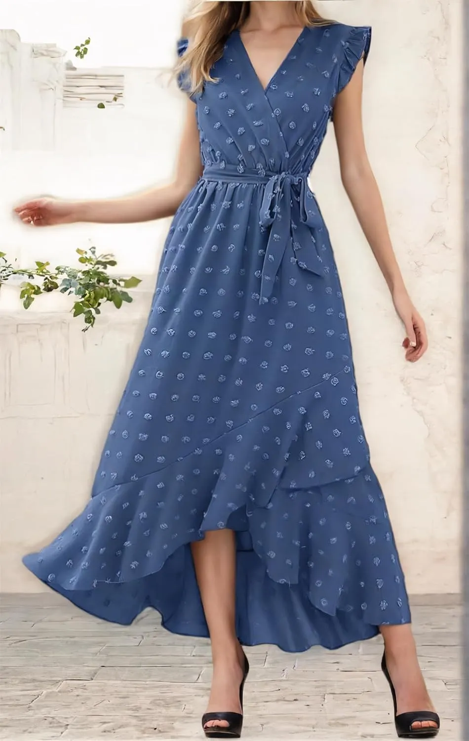 Women 2025 Summer Casual V Neck A-Line Dress Belted Swiss Dot Ruffle Sleeveless Beach Sun Dress