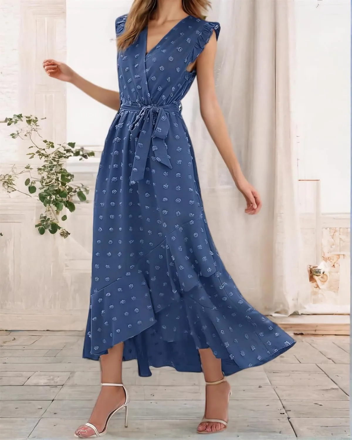 Women 2025 Summer Casual V Neck A-Line Dress Belted Swiss Dot Ruffle Sleeveless Beach Sun Dress