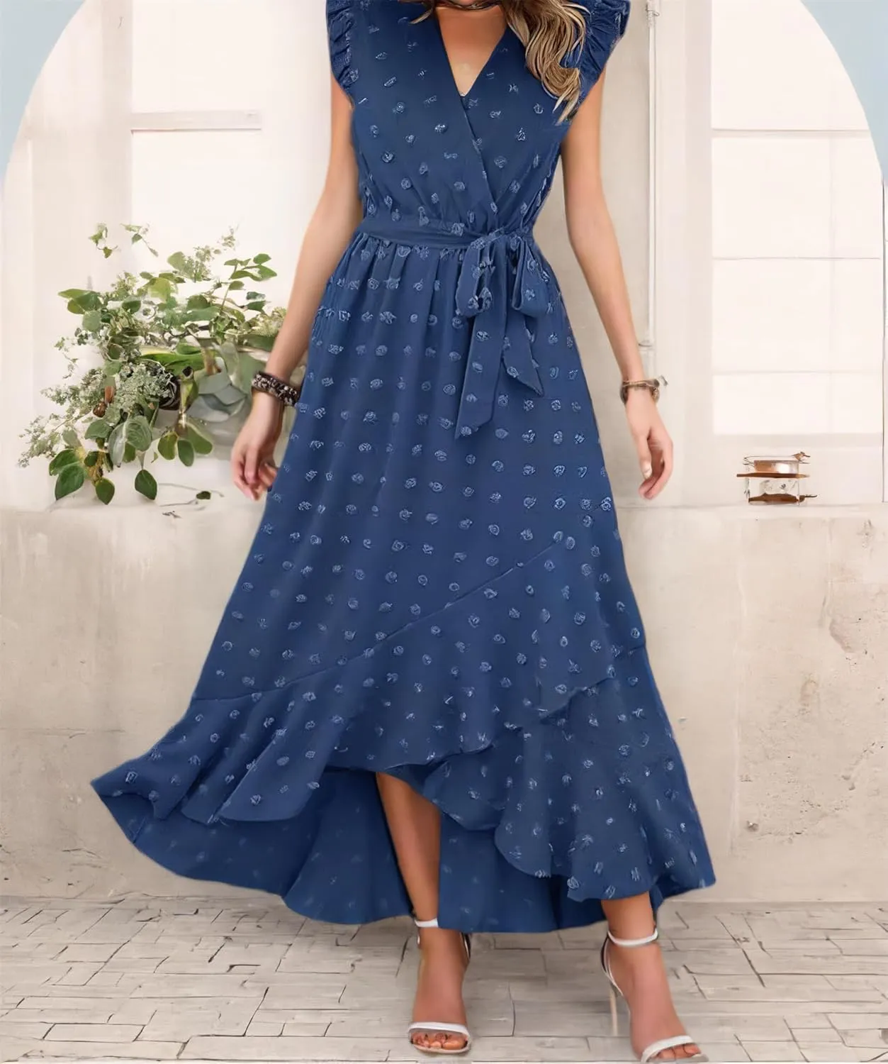 Women 2025 Summer Casual V Neck A-Line Dress Belted Swiss Dot Ruffle Sleeveless Beach Sun Dress