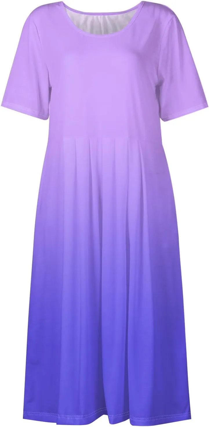 Women 2025 Summer Short Sleeve Midi Dress with Pockets Casual Aline Flowy Tshirt Dress Floral Vocation Beach Sundress