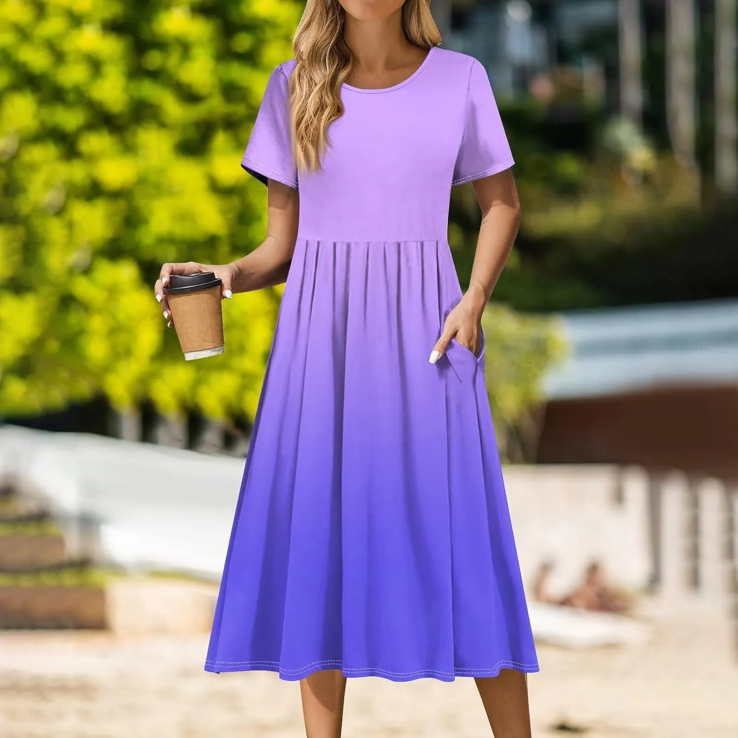 Women 2025 Summer Short Sleeve Midi Dress with Pockets Casual Aline Flowy Tshirt Dress Floral Vocation Beach Sundress
