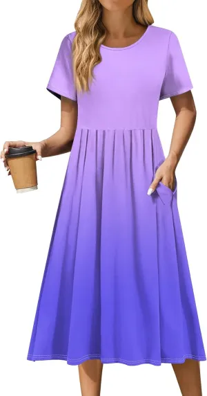 Women 2025 Summer Short Sleeve Midi Dress with Pockets Casual Aline Flowy Tshirt Dress Floral Vocation Beach Sundress