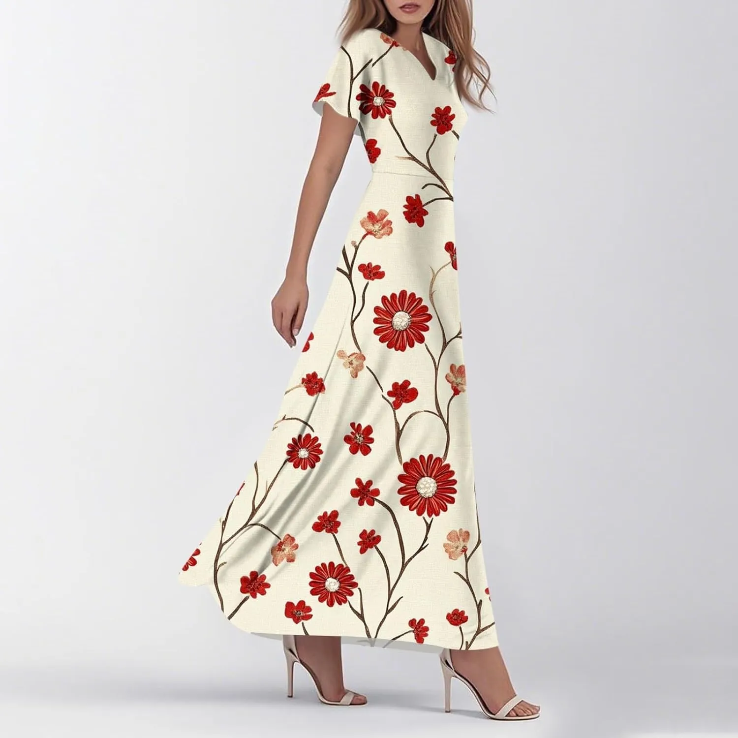 Women A Line Maxi Dresses Casual Swing Flowy Ruffle Hem Short Slevee Chiffon Skirt Summer Boho Beach Vacation
