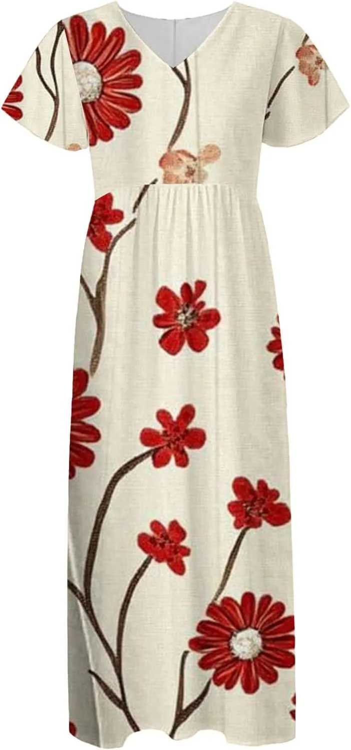 Women A Line Maxi Dresses Casual Swing Flowy Ruffle Hem Short Slevee Chiffon Skirt Summer Boho Beach Vacation