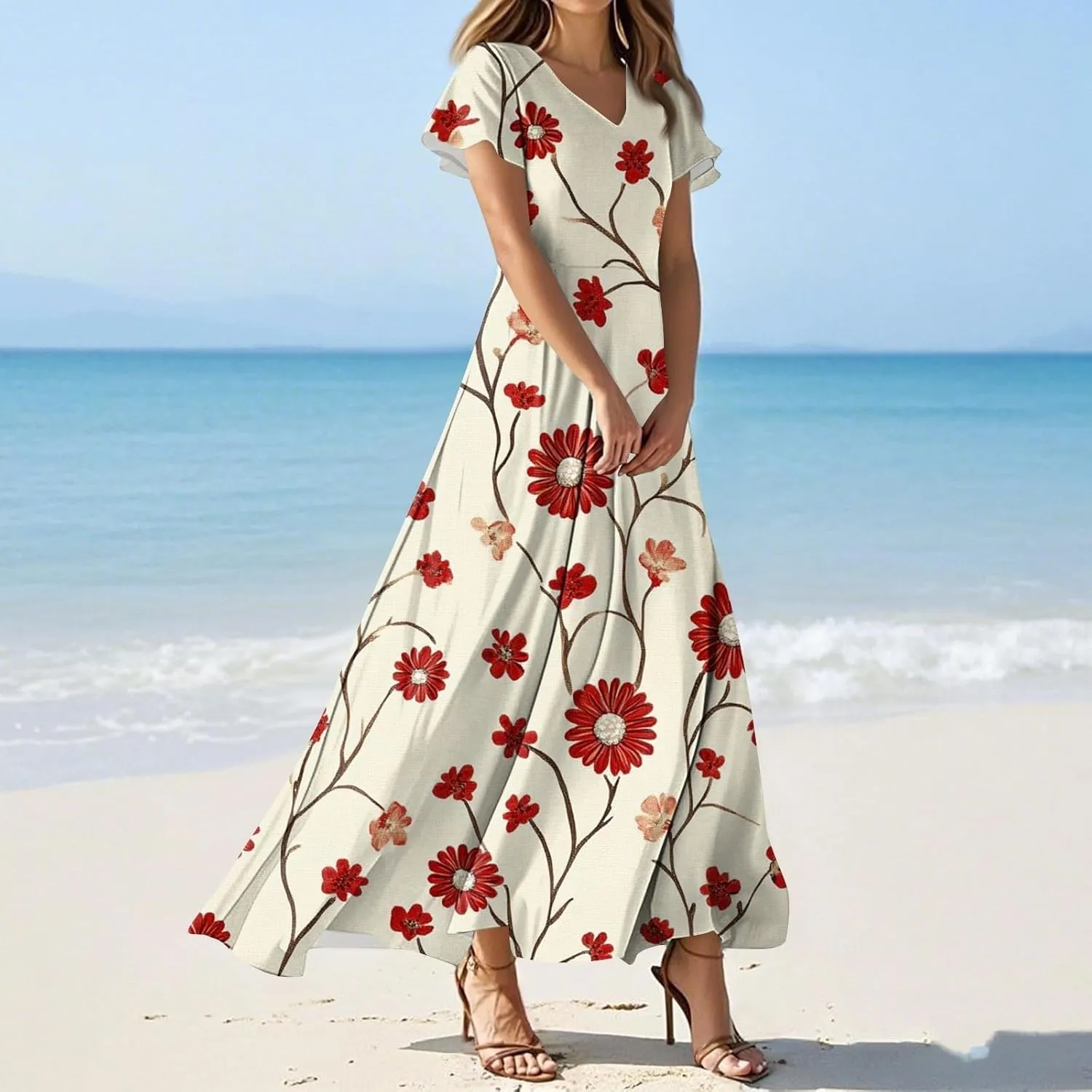 Women A Line Maxi Dresses Casual Swing Flowy Ruffle Hem Short Slevee Chiffon Skirt Summer Boho Beach Vacation