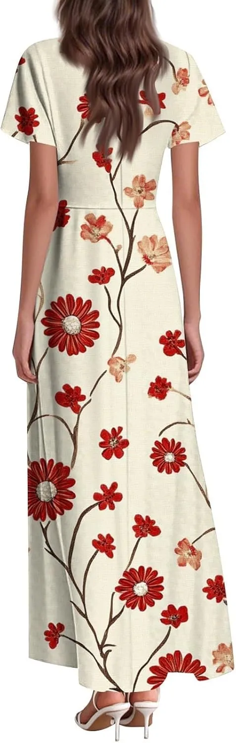 Women A Line Maxi Dresses Casual Swing Flowy Ruffle Hem Short Slevee Chiffon Skirt Summer Boho Beach Vacation