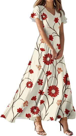 Women A Line Maxi Dresses Casual Swing Flowy Ruffle Hem Short Slevee Chiffon Skirt Summer Boho Beach Vacation