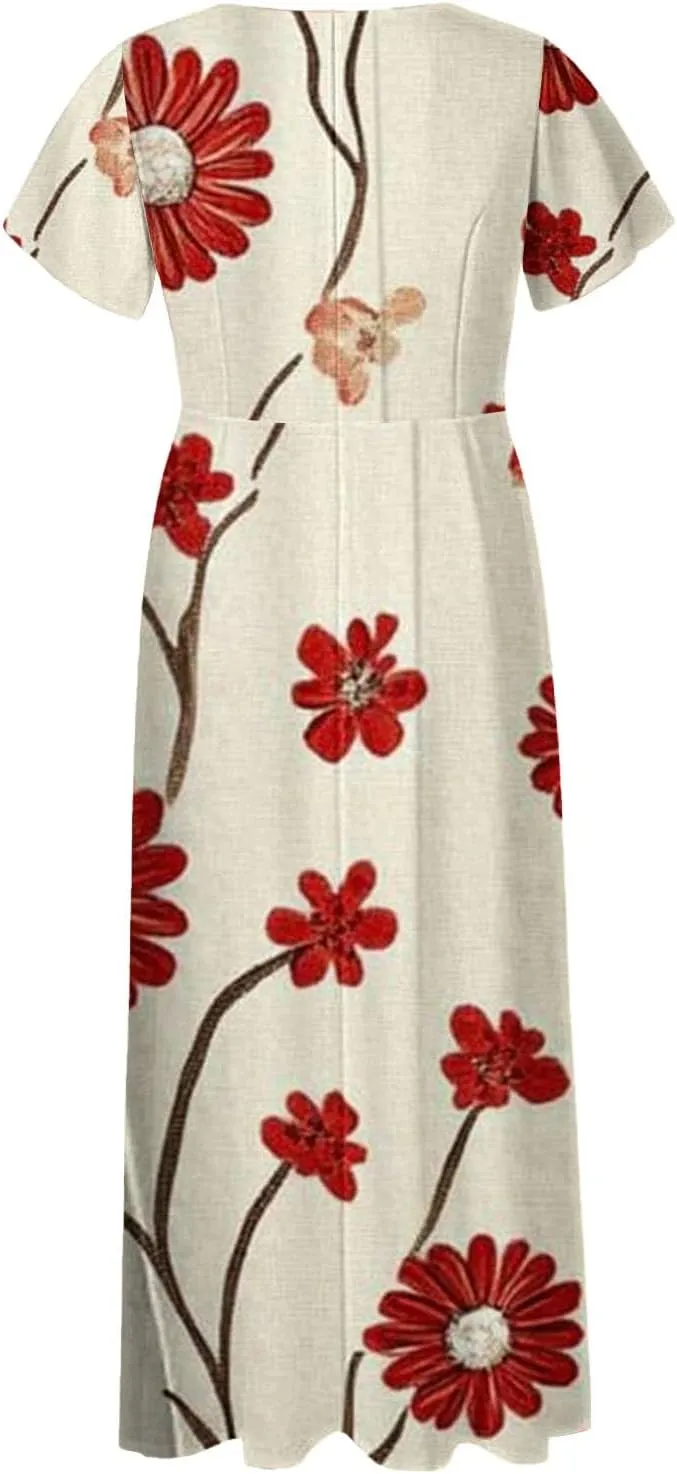 Women A Line Maxi Dresses Casual Swing Flowy Ruffle Hem Short Slevee Chiffon Skirt Summer Boho Beach Vacation