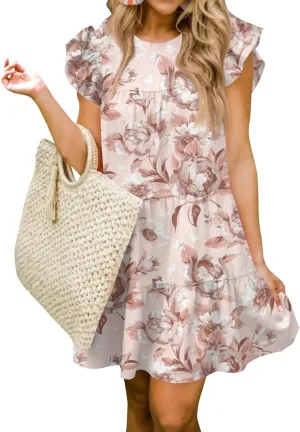Women Babydoll Summer Casual Crew Neck Ruffle Sleeve Sleeveless Flowy Mini Short Tunic Dress Floral Print Pleated Dress1-Watermelon Red,Small