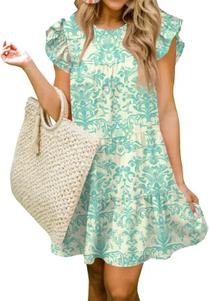 Women Babydoll Summer Casual Crew Neck Ruffle Sleeve Sleeveless Flowy Mini Short Tunic Dress Floral Print Pleated Dress3-Cyan,Medium