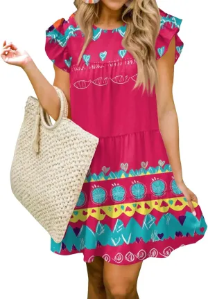 Women Babydoll Summer Casual Crew Neck Ruffle Sleeve Sleeveless Flowy Mini Short Tunic Dress Floral Print Pleated Dress5-Hot Pink,Large