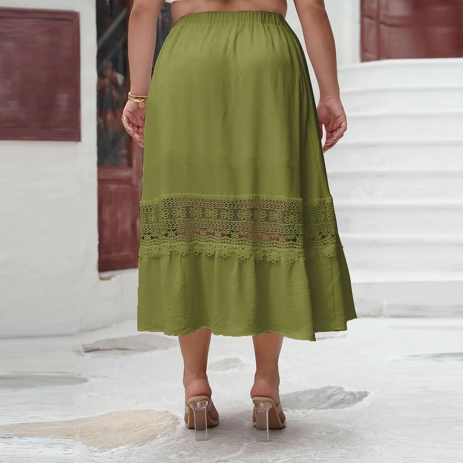 Women Boho Skirts Summer Casual Pleated Mid Calf Length Beach Skirt Flowy Loose Half Dress Vacation Outfits