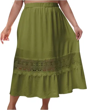 Women Boho Skirts Summer Casual Pleated Mid Calf Length Beach Skirt Flowy Loose Half Dress Vacation Outfits