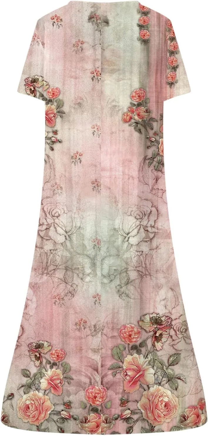 Women Boho Summer Dress 2024 Casual Short Sleeve Button V Neck Baggy Flowy A-Line Maxi Dresses