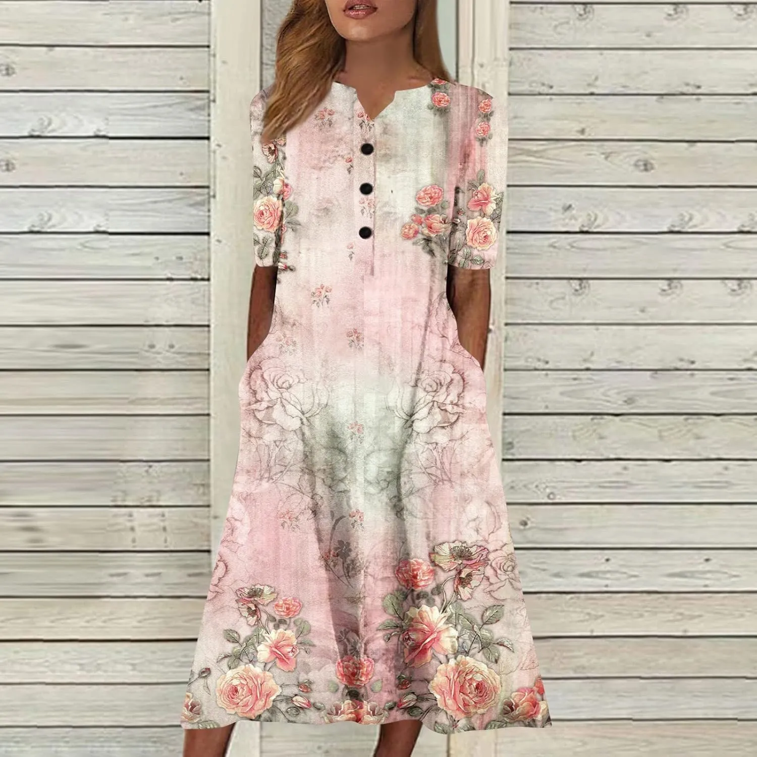 Women Boho Summer Dress 2024 Casual Short Sleeve Button V Neck Baggy Flowy A-Line Maxi Dresses