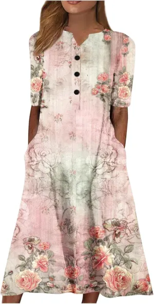 Women Boho Summer Dress 2024 Casual Short Sleeve Button V Neck Baggy Flowy A-Line Maxi Dresses