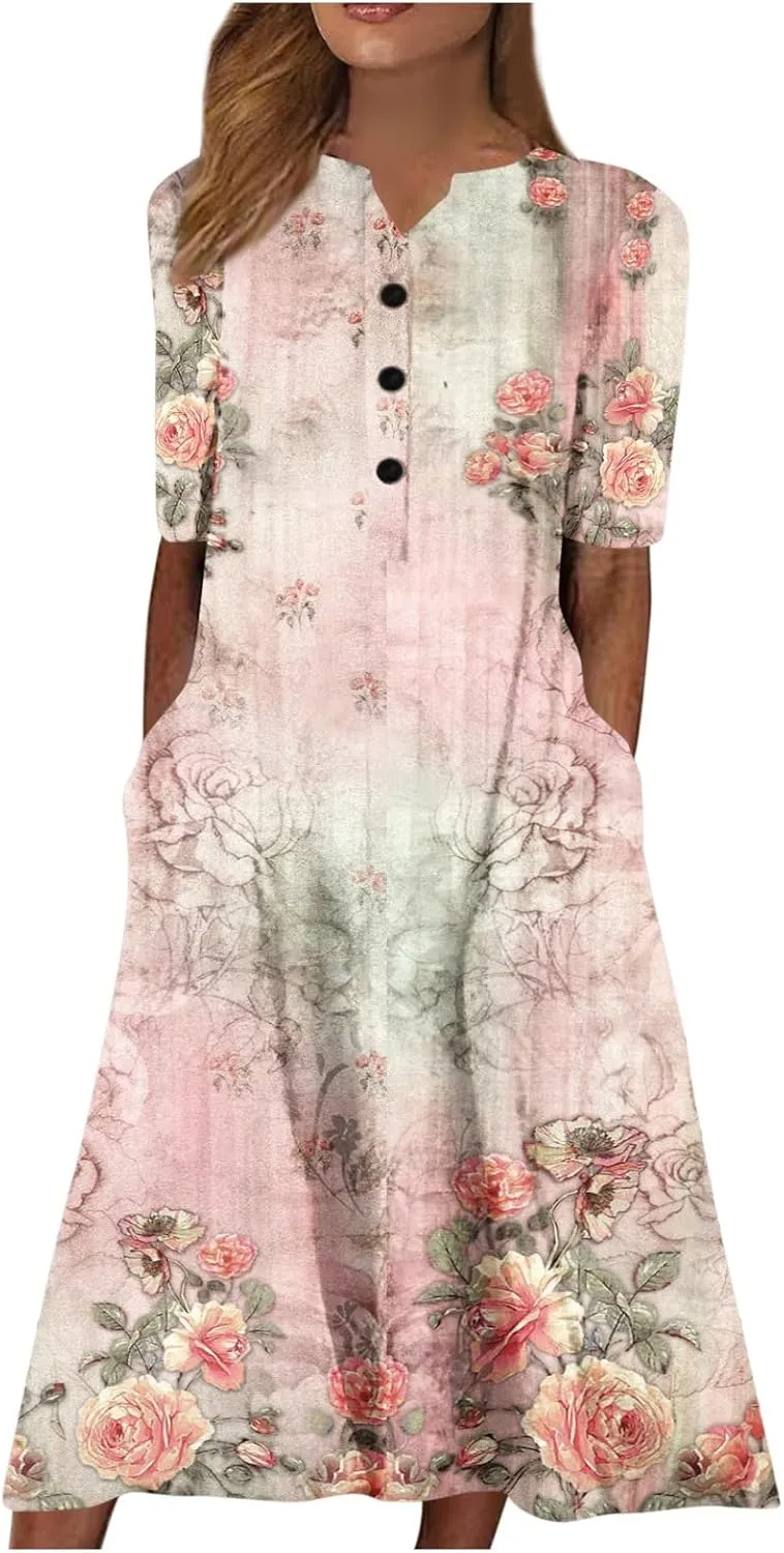 Women Boho Summer Dress 2024 Casual Short Sleeve Button V Neck Baggy Flowy A-Line Maxi Dresses