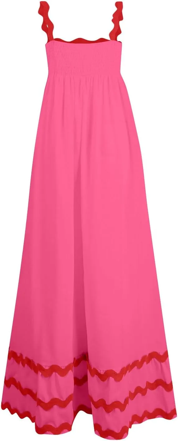Women Boho Summer Dresses Vacation Spaghetti Strap Backless Trim Tiered A-Line Long Sundress Wedding Guest Dresses