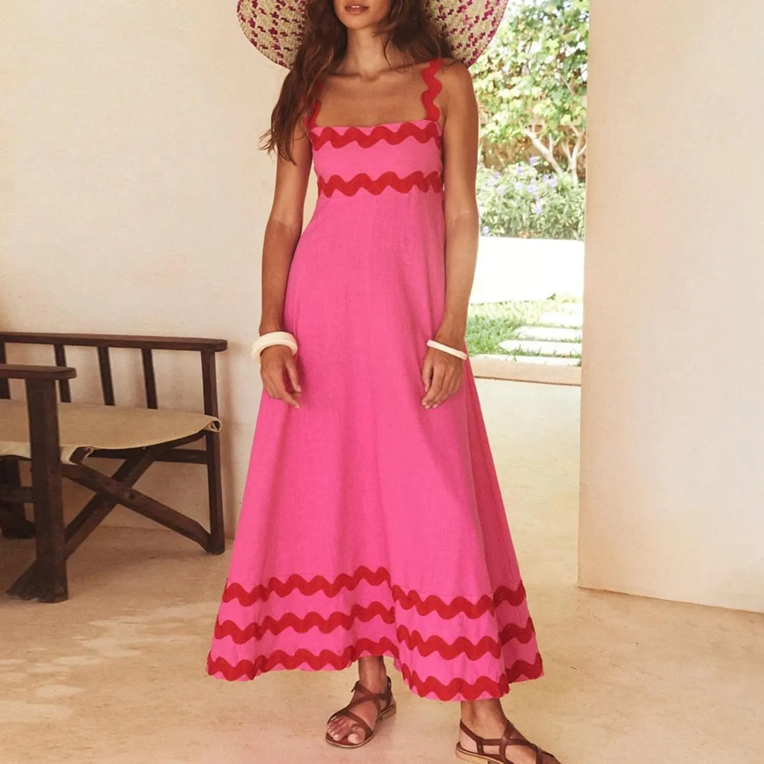 Women Boho Summer Dresses Vacation Spaghetti Strap Backless Trim Tiered A-Line Long Sundress Wedding Guest Dresses