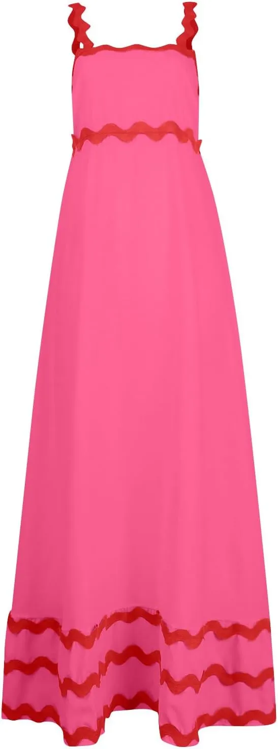Women Boho Summer Dresses Vacation Spaghetti Strap Backless Trim Tiered A-Line Long Sundress Wedding Guest Dresses