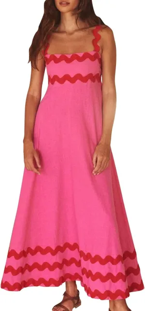 Women Boho Summer Dresses Vacation Spaghetti Strap Backless Trim Tiered A-Line Long Sundress Wedding Guest Dresses