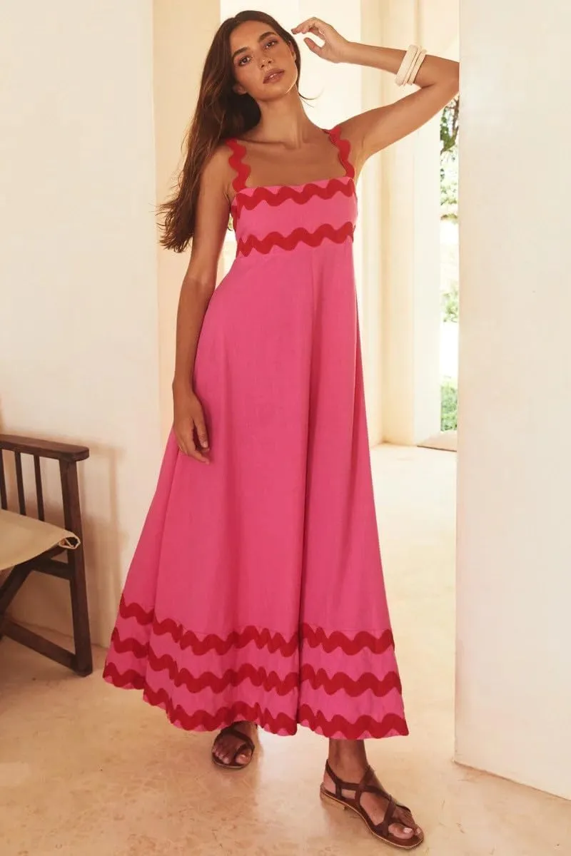 Women Boho Summer Dresses Vacation Spaghetti Strap Backless Trim Tiered A-Line Long Sundress Wedding Guest Dresses