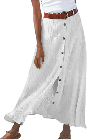 Women Casual Beach Skirts Front Button Flowy Boho Summer Skirt Lightweight High Waist A Line Maxi Skirt Half Dress