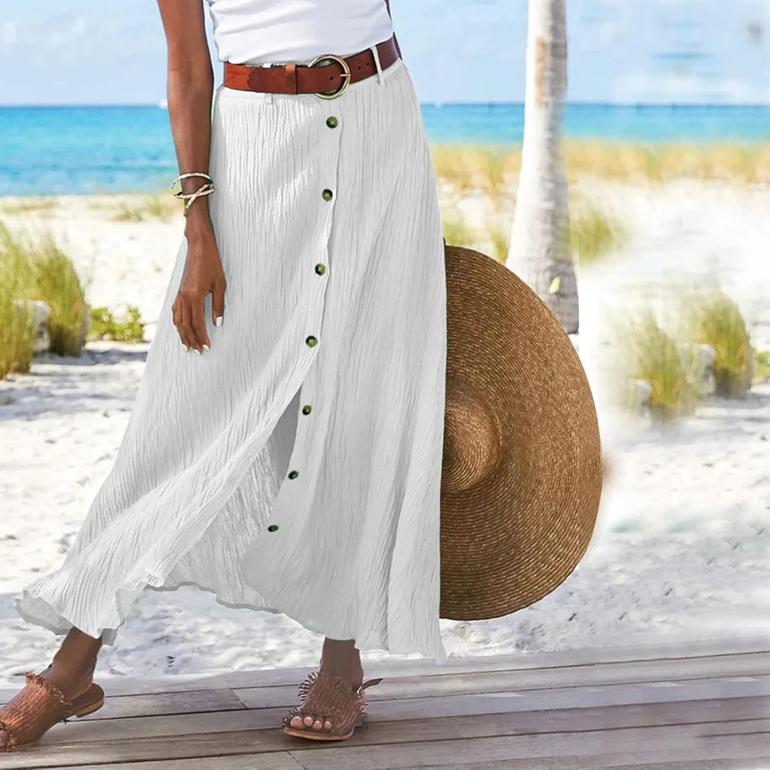 Women Casual Beach Skirts Front Button Flowy Boho Summer Skirt Lightweight High Waist A Line Maxi Skirt Half Dress