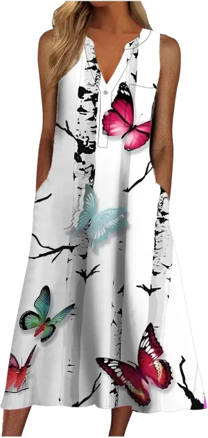 Women Casual Dress Summer Stripe Button V Neck Sleeveless with Pocket Long Dresses Holiday Beach Party Midi Dress