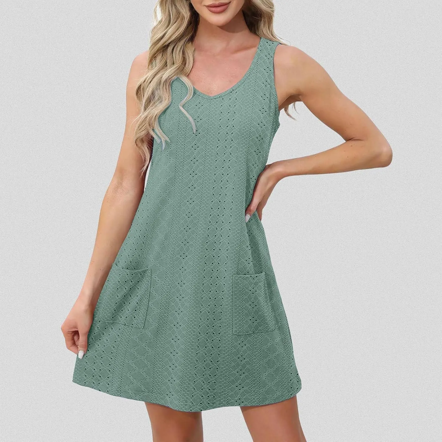 Women Casual Summer Dress Sleeveless Babydoll Eyelet Ruffle V Neck Mini Dress Oversized Loose Sundress with Pockets