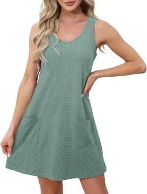 Women Casual Summer Dress Sleeveless Babydoll Eyelet Ruffle V Neck Mini Dress Oversized Loose Sundress with Pockets