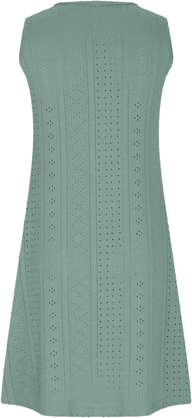 Women Casual Summer Dress Sleeveless Babydoll Eyelet Ruffle V Neck Mini Dress Oversized Loose Sundress with Pockets