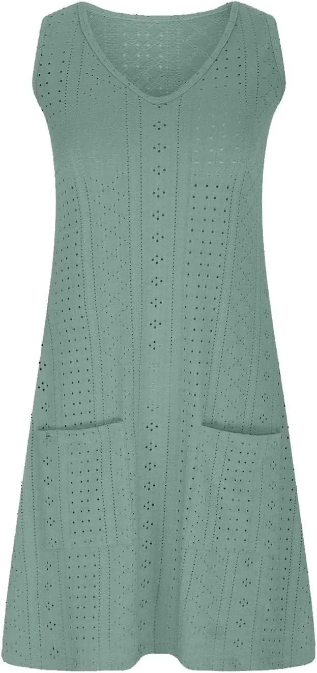Women Casual Summer Dress Sleeveless Babydoll Eyelet Ruffle V Neck Mini Dress Oversized Loose Sundress with Pockets