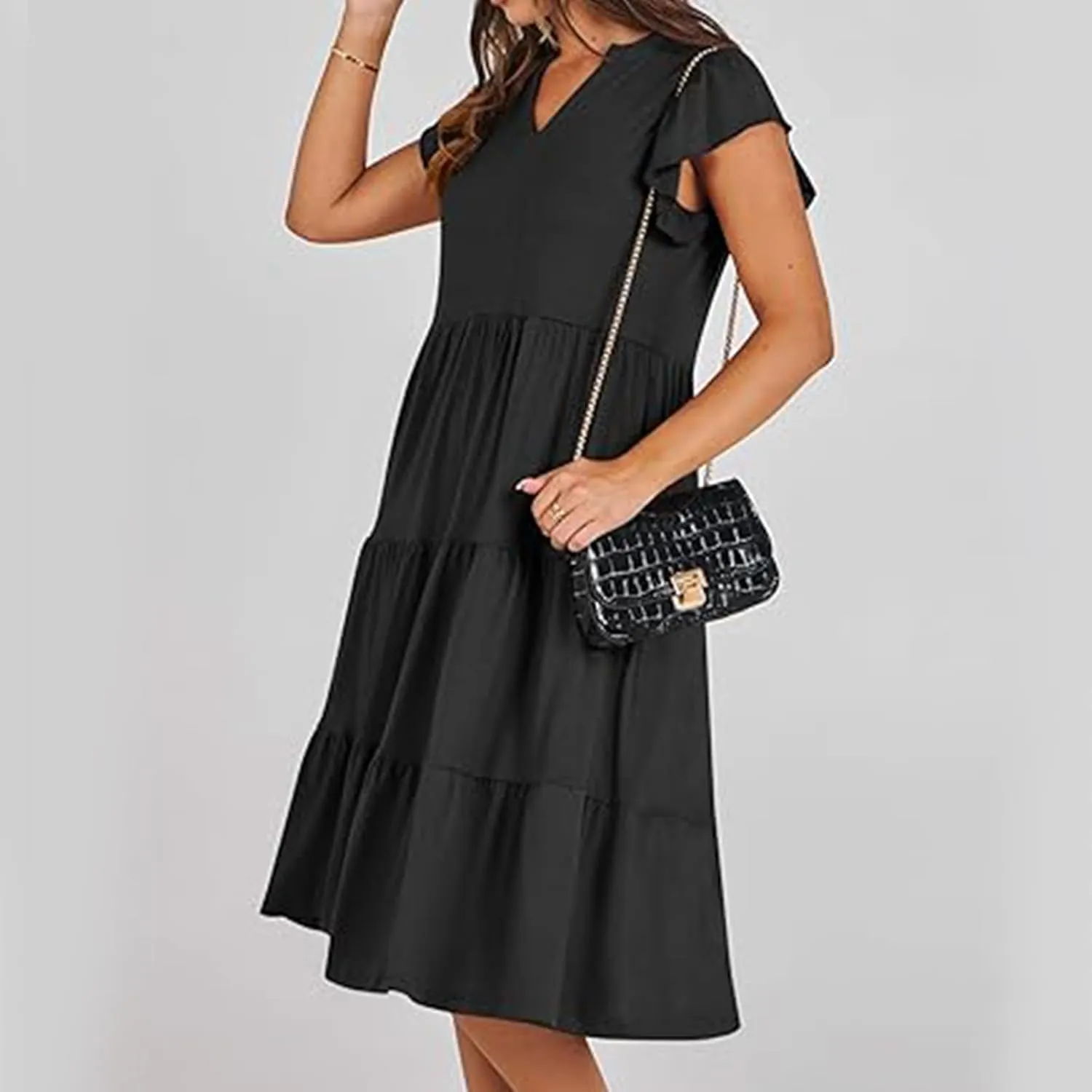 Women Casual Sundresses Ruffle Sleeveless V Neck Midi Dress Soft Tiered Babydoll Summer Dresses Wedding Guest Dress