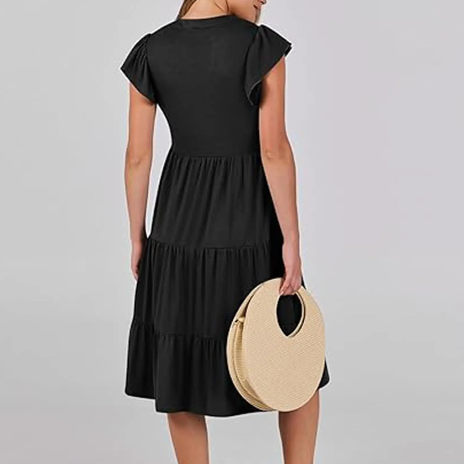 Women Casual Sundresses Ruffle Sleeveless V Neck Midi Dress Soft Tiered Babydoll Summer Dresses Wedding Guest Dress