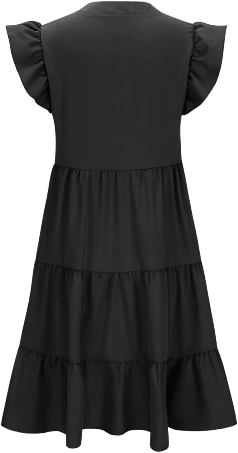 Women Casual Sundresses Ruffle Sleeveless V Neck Midi Dress Soft Tiered Babydoll Summer Dresses Wedding Guest Dress