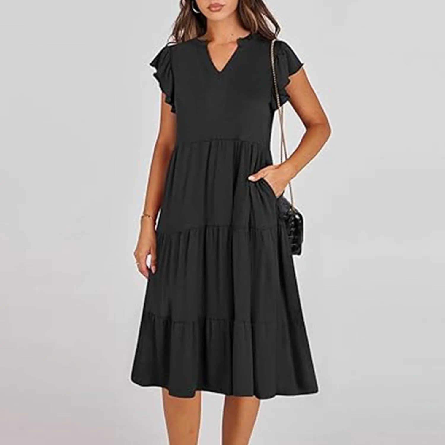 Women Casual Sundresses Ruffle Sleeveless V Neck Midi Dress Soft Tiered Babydoll Summer Dresses Wedding Guest Dress