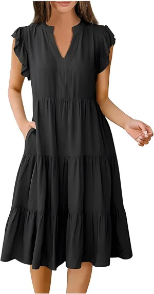 Women Casual Sundresses Ruffle Sleeveless V Neck Midi Dress Soft Tiered Babydoll Summer Dresses Wedding Guest Dress