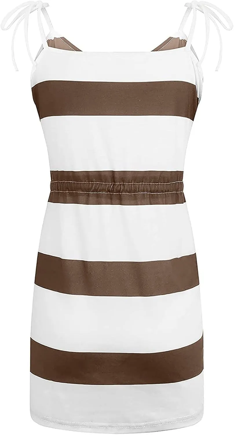 Women Color Block/Striped Beach Dresses Spaghetti Strap Mini Sun Dresses Summer Casual Trendy Cruise Vacation Outfits 2023