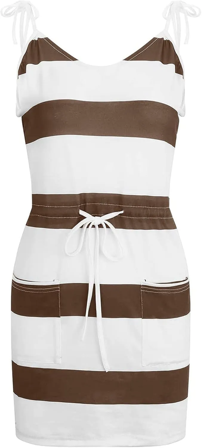 Women Color Block/Striped Beach Dresses Spaghetti Strap Mini Sun Dresses Summer Casual Trendy Cruise Vacation Outfits 2023