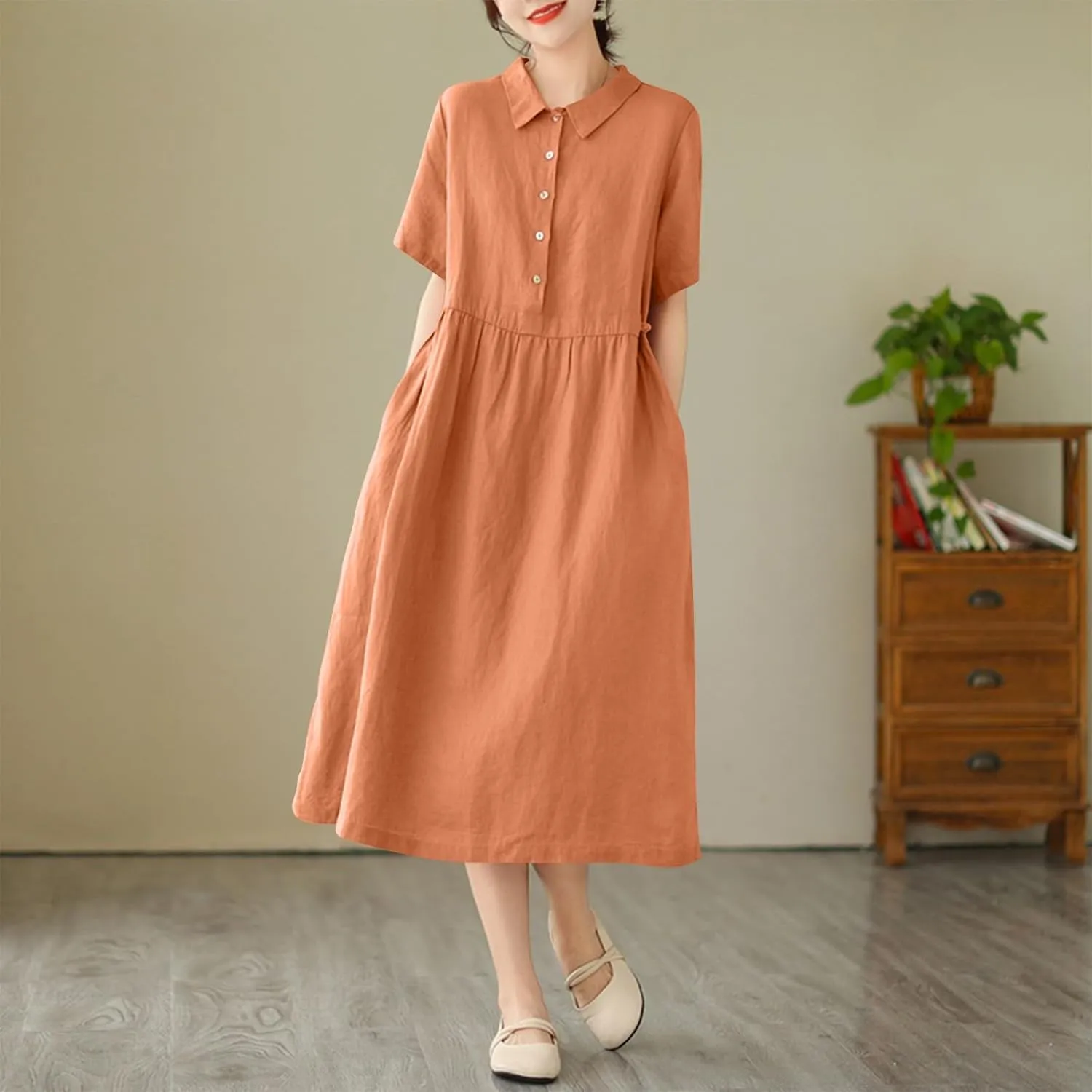 Women Cotton Short Sleeve Button Shirt Dress Summer Casual Lapel Loose Fit Breathable Maxi Dress Beach Long Sundress