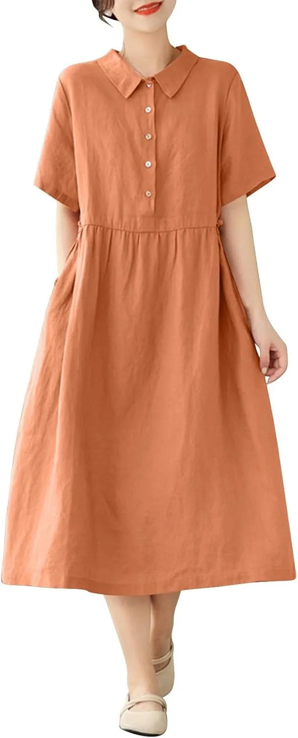 Women Cotton Short Sleeve Button Shirt Dress Summer Casual Lapel Loose Fit Breathable Maxi Dress Beach Long Sundress