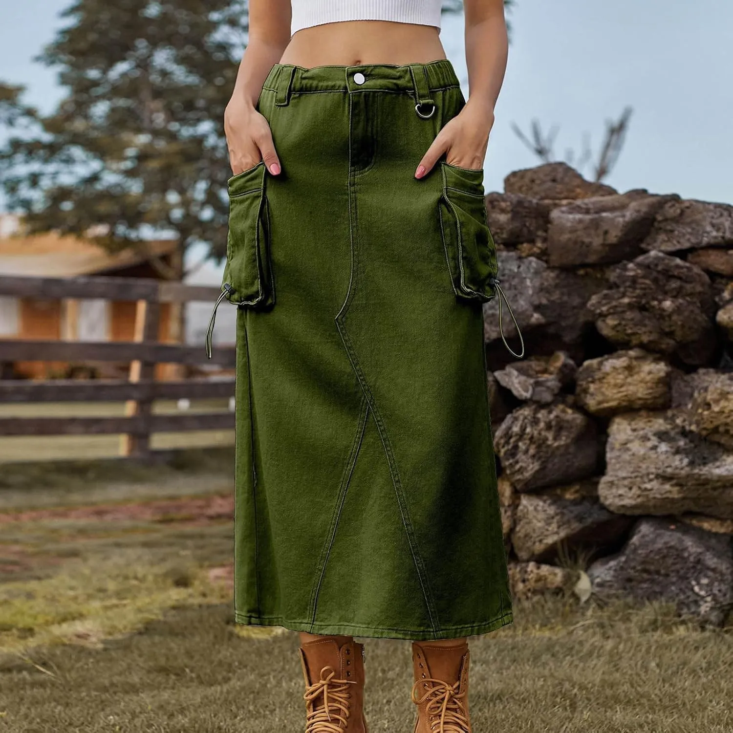 Women Denim Cargo Long Skirts High Waisted Pencil Skirt Midi Length Jean Skirt Casual A-Line Skirt with Cargo Pockets