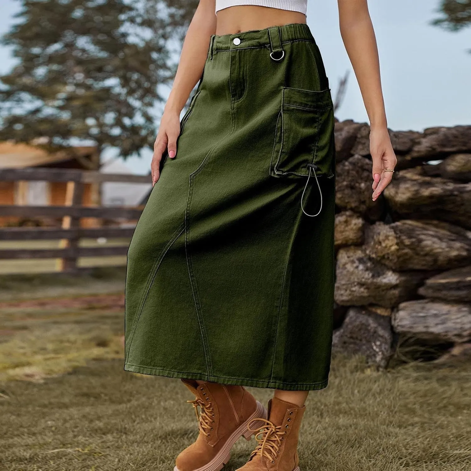 Women Denim Cargo Long Skirts High Waisted Pencil Skirt Midi Length Jean Skirt Casual A-Line Skirt with Cargo Pockets