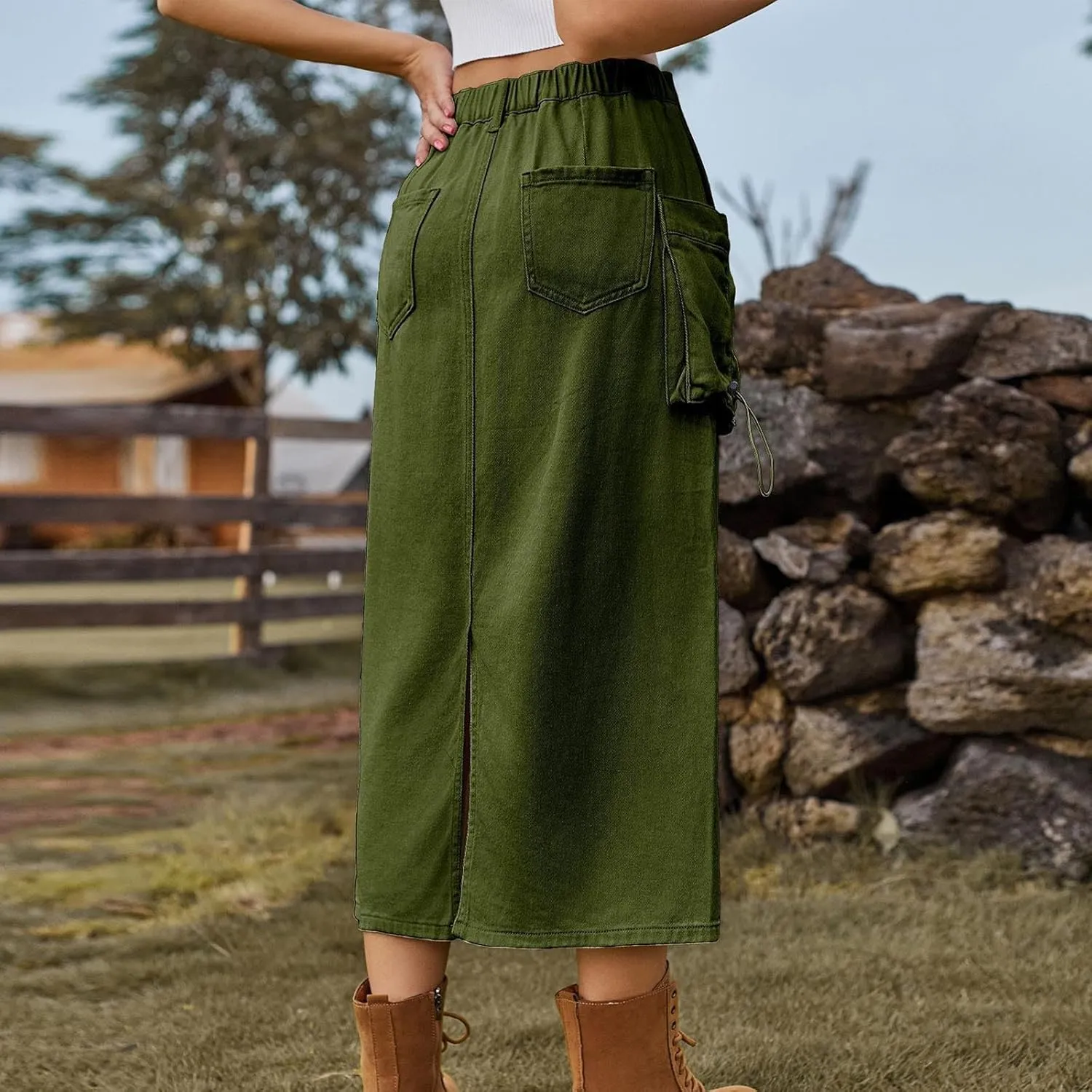 Women Denim Cargo Long Skirts High Waisted Pencil Skirt Midi Length Jean Skirt Casual A-Line Skirt with Cargo Pockets
